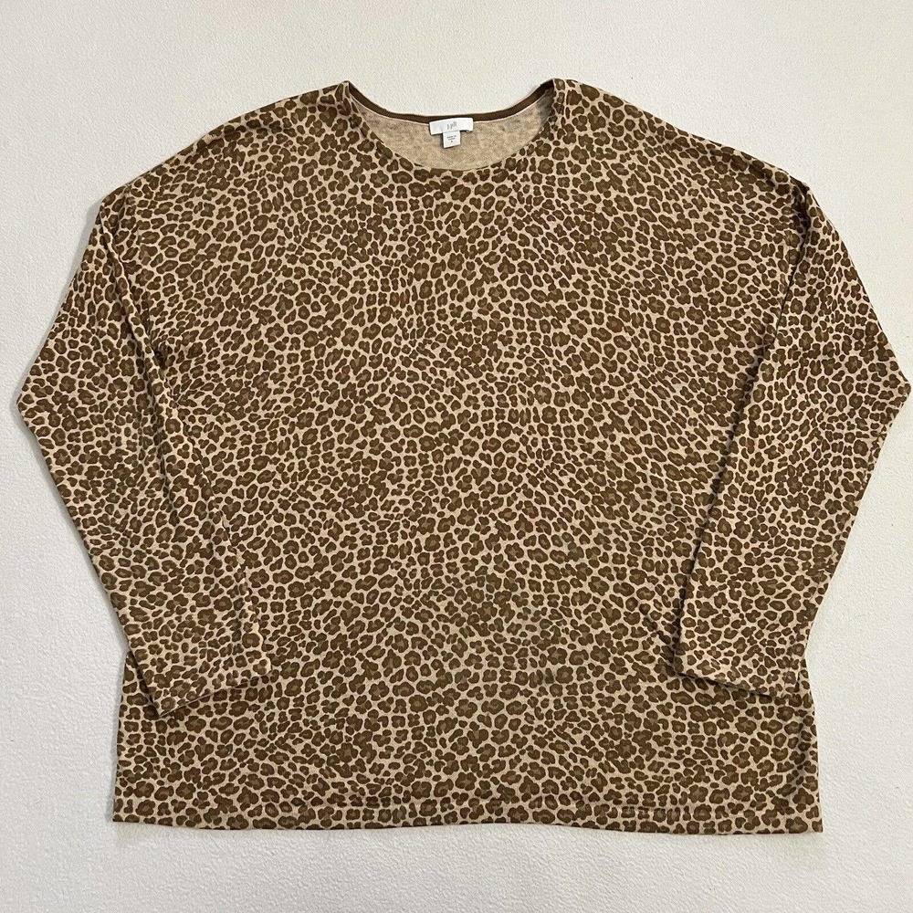 J Jill Wheat Leopard Animal Print Cotton Blend Long Sleeve Pullover Sweater S